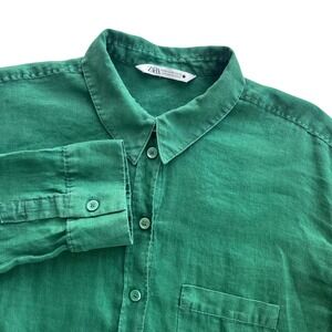 ZARA Women XXL Green 100% Linen Long Sleeve Collar Pocket Button Up Shirt Blouse
